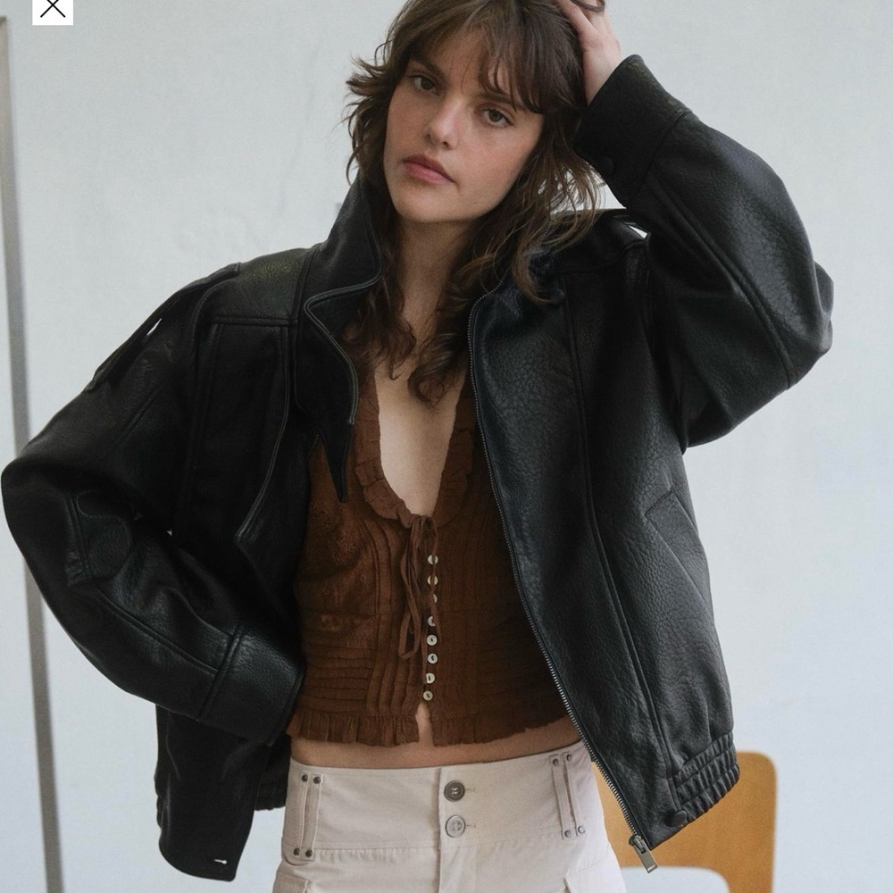 ZARA Viral Funnel Neck Black Leather Jacket - Picture 2 of 2